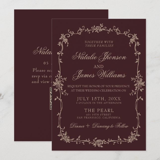 Burgundy Floral Old Money Boho QR Code Wedding Invitation (Front/Back)