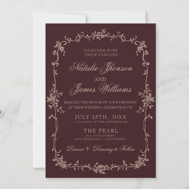 Burgundy Floral Old Money QR Code Photo Wedding Invitation (Front)