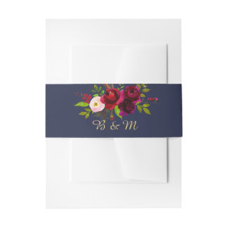 Burgundy Floral on Navy Blue Invitation Belly Band