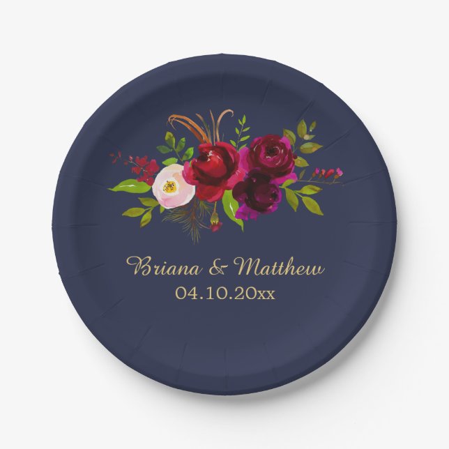 Burgundy Floral on Navy Blue Paper Plates (Front)