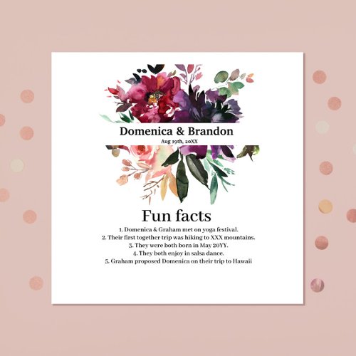 Burgundy Floral on White Wedding Fun Facts Napkins