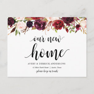 Burgundy floral, Our New Home Address Announcement Postcard