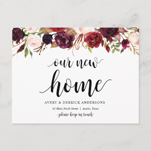 Burgundy floral Our New Home Address Announcement Postcard