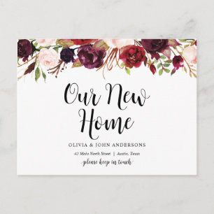 Burgundy floral, Our New Home Address Announcement Postcard