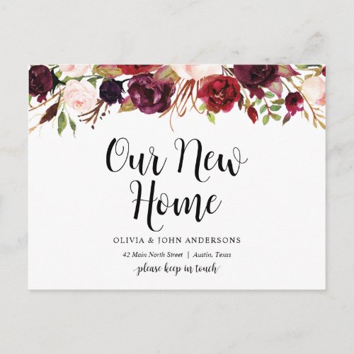 Burgundy floral Our New Home Address Announcement Postcard