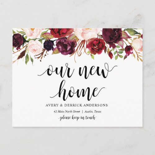 Burgundy floral Our New Home Address Announcement Postcard