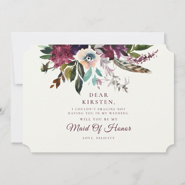Burgundy Floral Over Ecru Maid Of Honor Proposal Invitation (Front)
