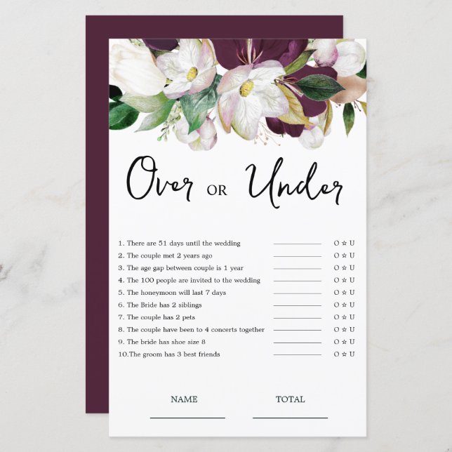  Burgundy Floral Over or Under Bridal Shower Game (Front/Back)