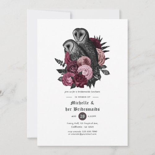Burgundy Floral Owls Gothic Bridesmaids Luncheon Invitation