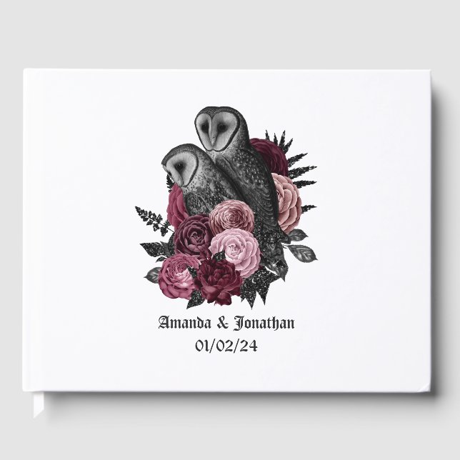 Burgundy Floral Owls Gothic Wedding Guest Book (Front)