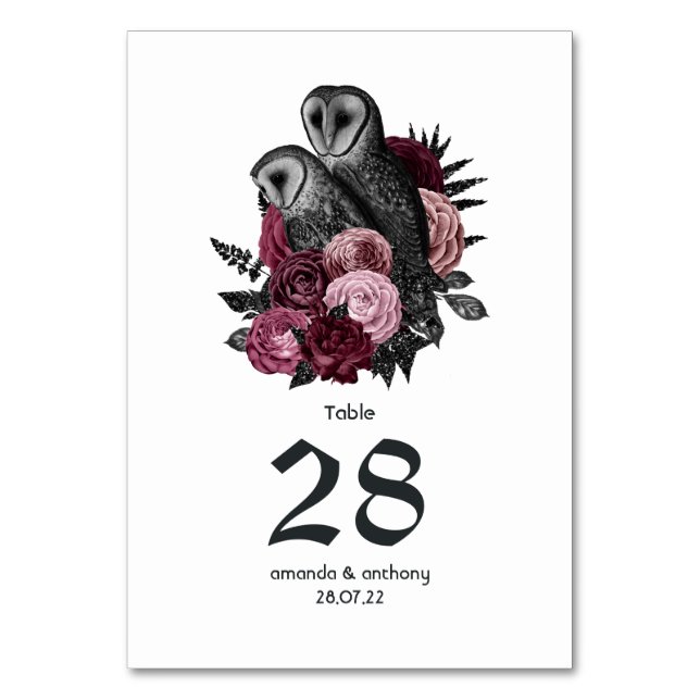 Burgundy Floral Owls Gothic Wedding Table Number (Front)
