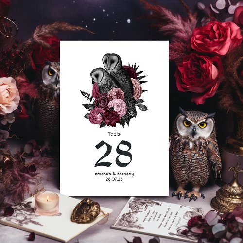 Burgundy Floral Owls Gothic Wedding Table Number