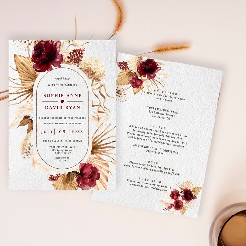 Burgundy Floral Pampas Grass All In One Wedding  Invitation