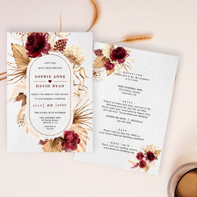 Burgundy Floral Pampas Grass All In One Wedding  Invitation (Burgundy pampas grass wedding invite, trendy terracotta floral wedding, modern floral dried leaves)