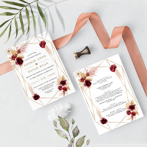 Burgundy Floral Pampas Grass All In One Wedding  Invitation