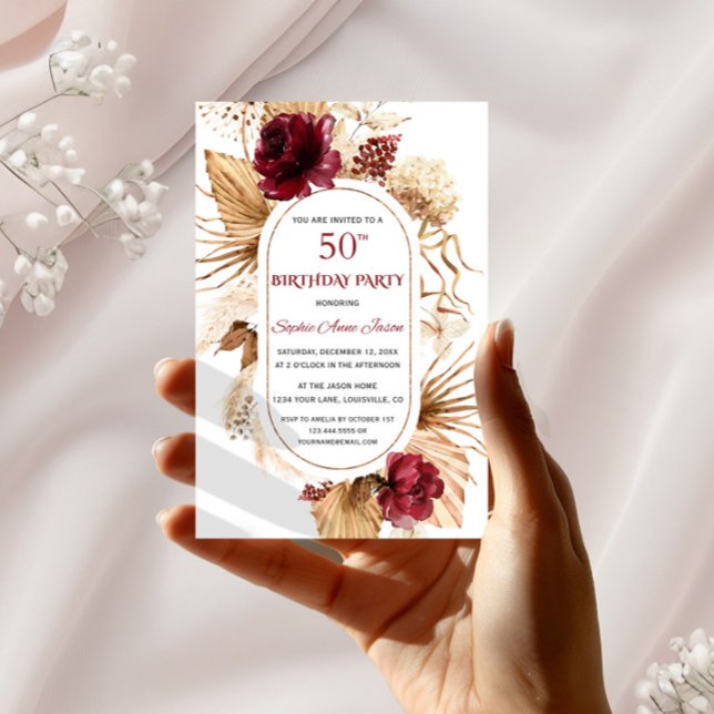 Burgundy Floral Pampas Grass Palm 50th Birthday Invitation (Creator Uploaded)