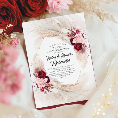 Burgundy Floral Pampas Grass Wedding Anniversary Invitation