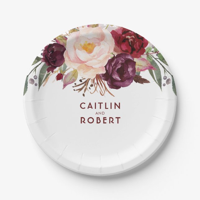 Burgundy Floral Paper Plates (Front)