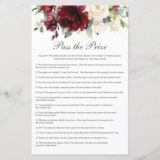 Burgundy Floral Pass the Prize Baby Shower Game  (Front)