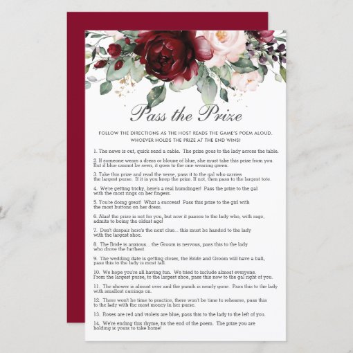 Burgundy Floral Pass the Prize Bridal Shower Game | Zazzle