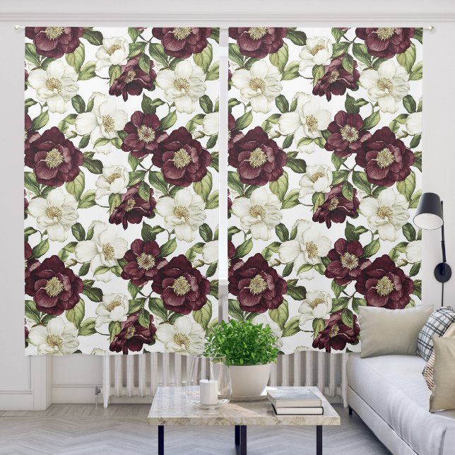 Burgundy  Floral Pattern  Blackout Curtains (Living Room)