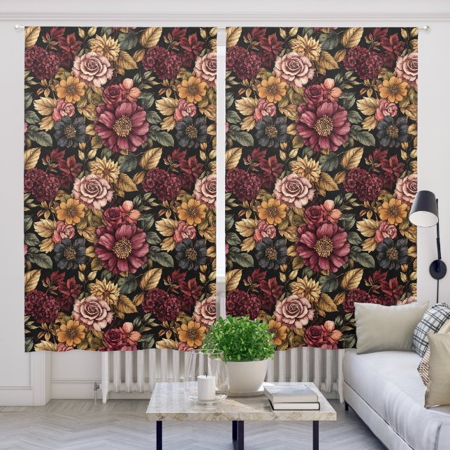 Burgundy  Floral Pattern  Blackout Curtains (Living Room)