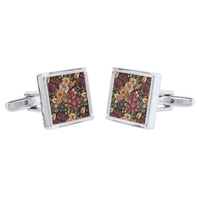 Burgundy  Floral Pattern  Cufflinks (Angled)