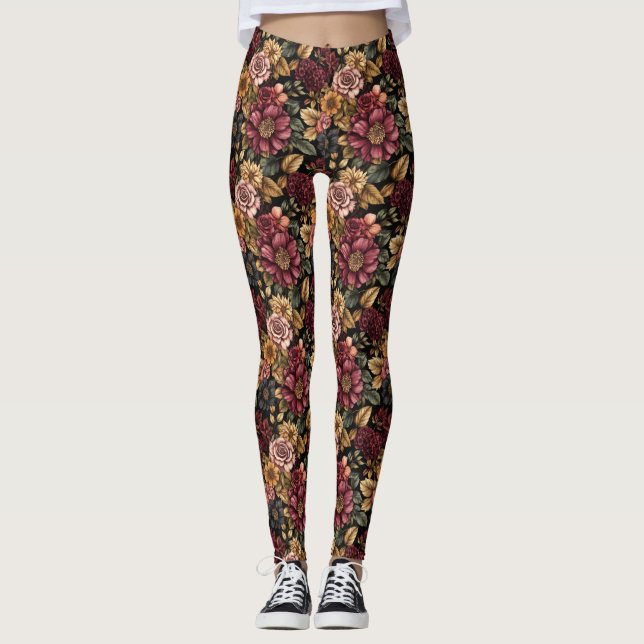 Burgundy  Floral Pattern  Leggings (Front)
