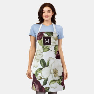 Burgundy Floral Pattern Monogram Apron