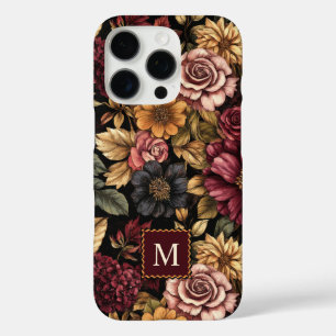 Burgundy Floral Pattern Monogram iPhone 16 Pro Case