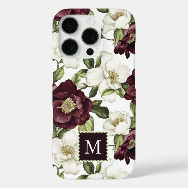 Burgundy  Floral Pattern Monogram  Case-Mate iPhone Case (Back)