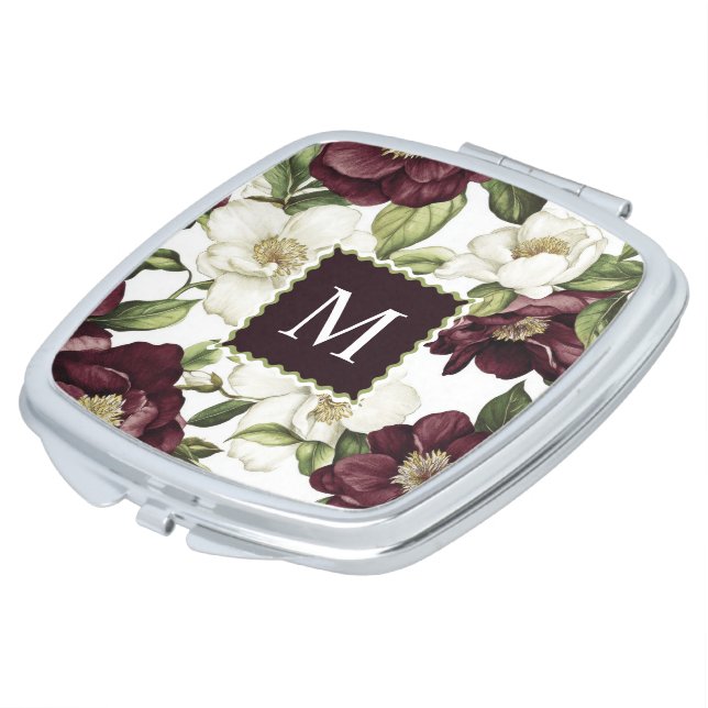 Burgundy  Floral Pattern Monogram Compact Mirror (Turned)