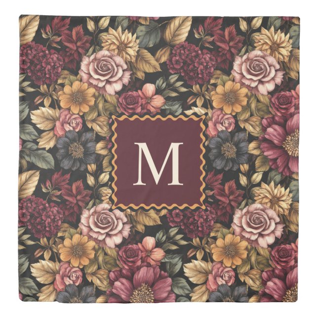 Burgundy  Floral Pattern Monogram  Duvet Cover (Front)