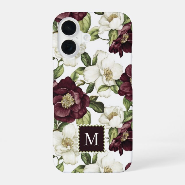 Burgundy  Floral Pattern Monogram  Iphone Case (Back)
