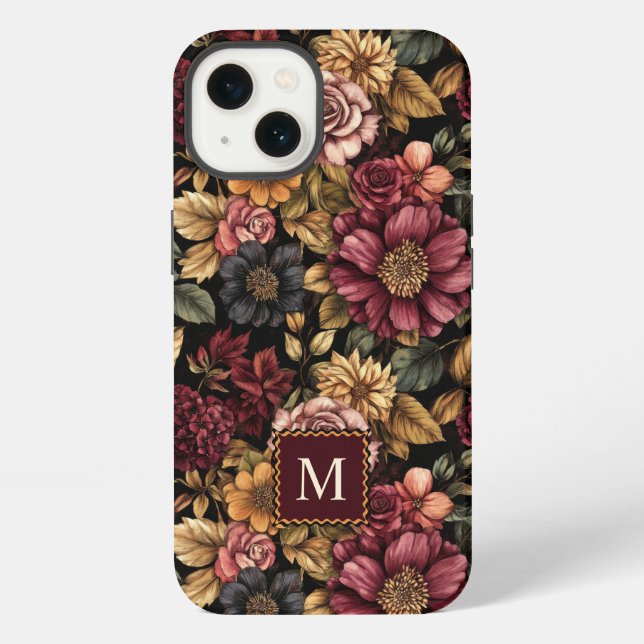 Burgundy  Floral Pattern Monogram Iphone Case (Back)