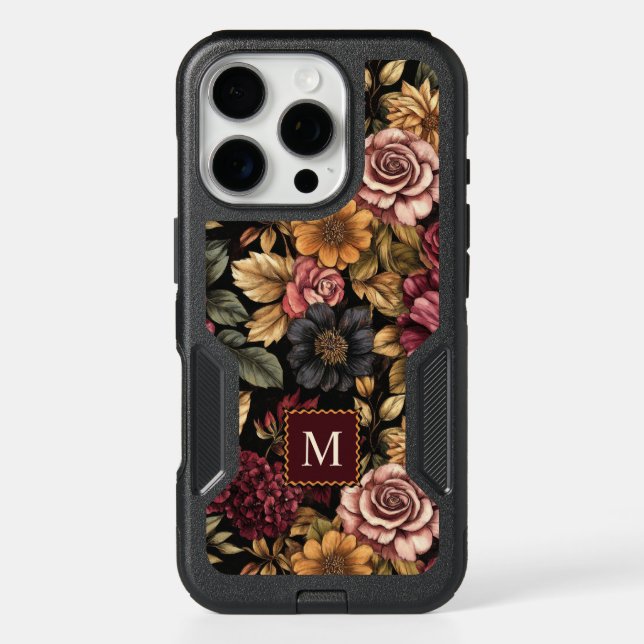 Burgundy  Floral Pattern Monogram Otterbox iPhone Case (Back)