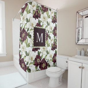 Burgundy Floral Pattern Monogram Shower Curtain