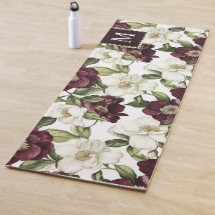 Burgundy  Floral Pattern Monogram  Yoga Mat