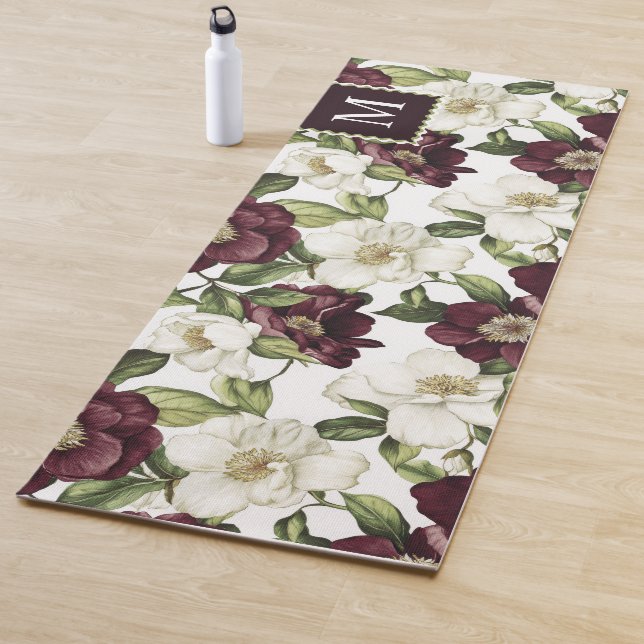 Burgundy  Floral Pattern Monogram  Yoga Mat (In Situ)