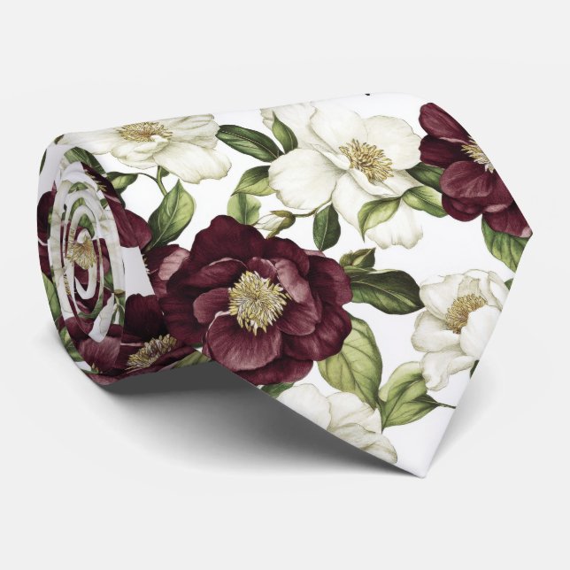 Burgundy  Floral Pattern  Neck Tie (Rolled)