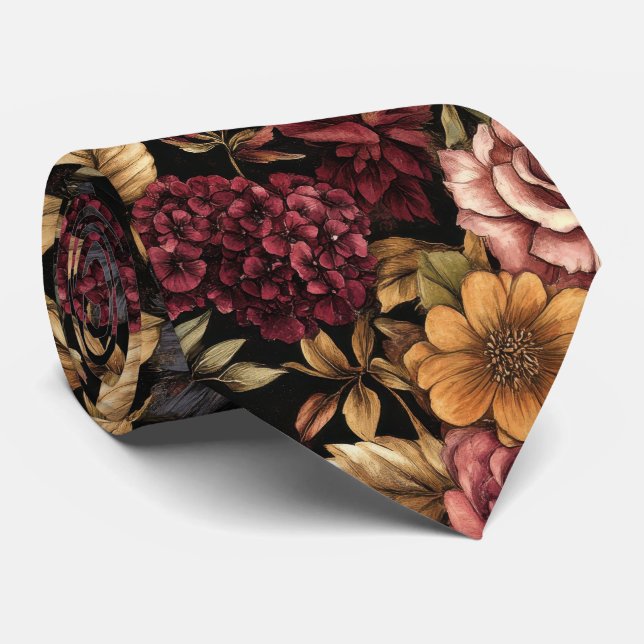 Burgundy  Floral Pattern  Neck Tie (Rolled)