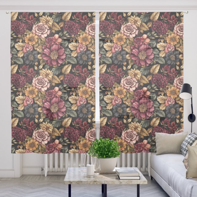 Burgundy  Floral Pattern  Sheer Curtains (Living Room)
