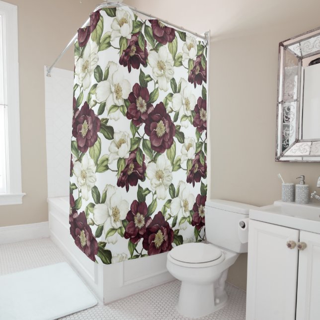 Burgundy  Floral Pattern  Shower Curtain (In Situ)