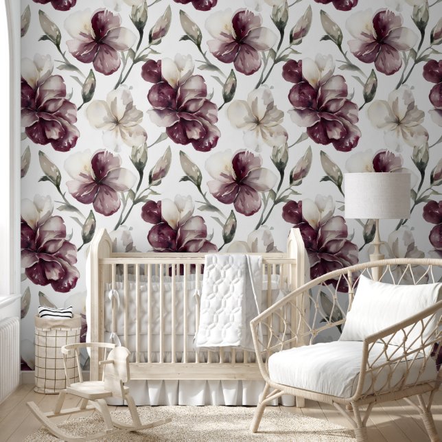 Burgundy Floral Pattern Wallpaper (Kids)