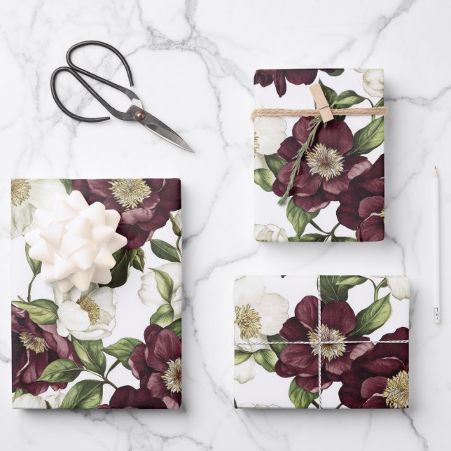 Burgundy  Floral Pattern  Wrapping Paper Sheets (Front)