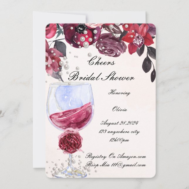 burgundy floral pearls bridal shower invitation (Front)