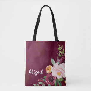 Burgundy Floral Peonies Personalized Tote Bag