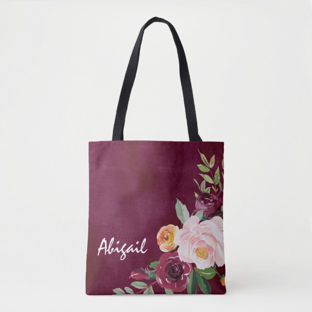 Burgundy Floral Peonies Personalized Tote Bag (Front)