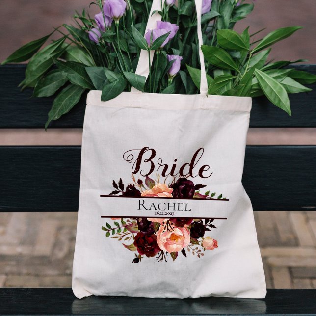 Burgundy Floral | Personalized Bride Wedding Tote Bag (Creator Uploaded)