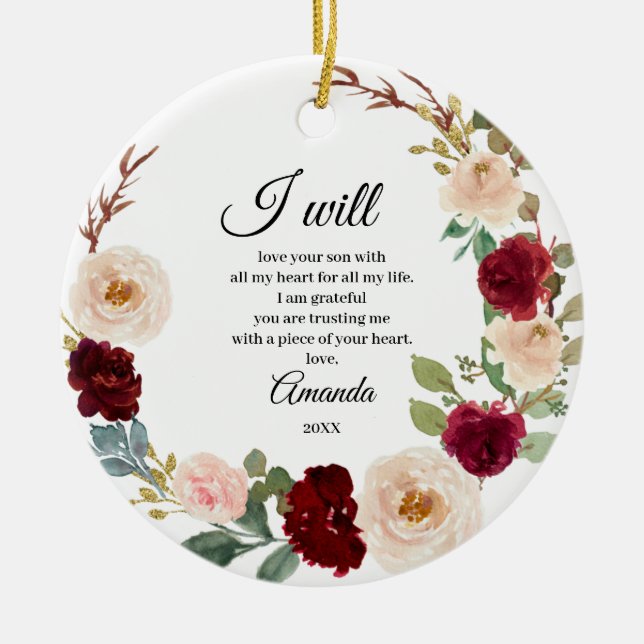 Burgundy Floral Personalized Mother of the Groom Ceramic Ornament (Front)